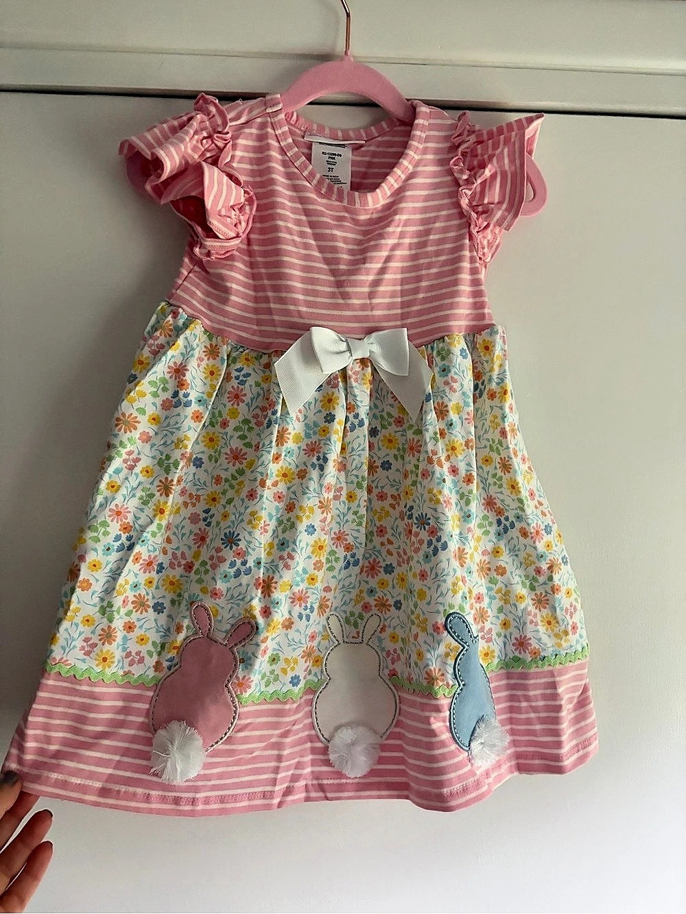 NWT Bonnie Jean Toddler Girls Pink Stripe & Floral Easter Bunny Dress